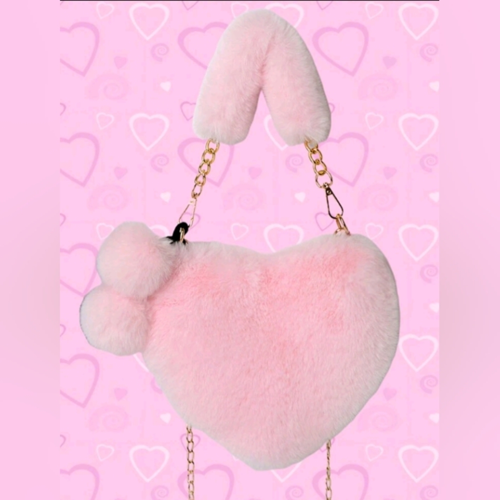 NEW Pink Faux Fur Heart-Shaped Crossbody Bag with pompons - Picture 3 of 7